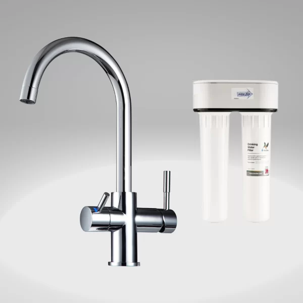 Purificatore-acqua-sotto-lavello-con-miscelatore-a-tre-vie-alloggiamento-DUO-in-plastica-ad-uso-alimentare